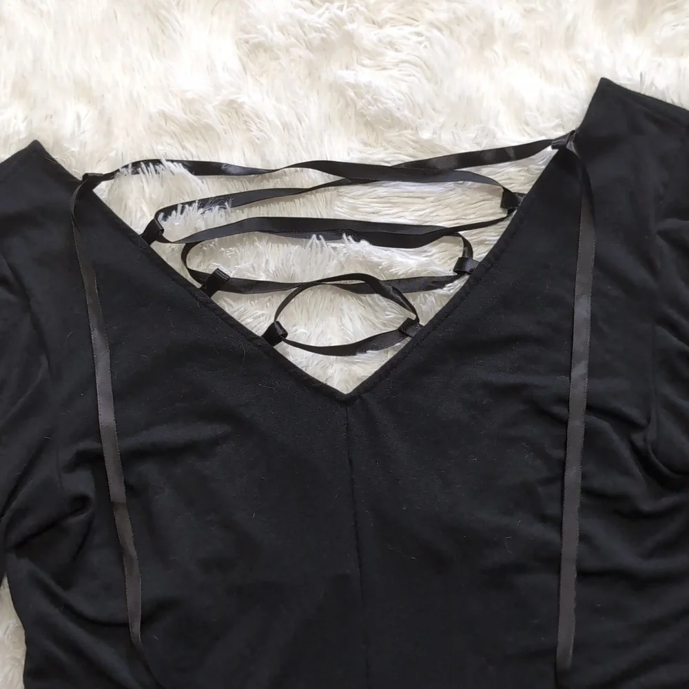 Y2K Vintage Lip Service Black Lace Up Back Split Flutter Sleeve Top 0X